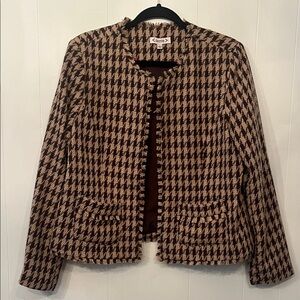 Nanette Lepore Brown and Cream Houndstooth Collarless Blazer